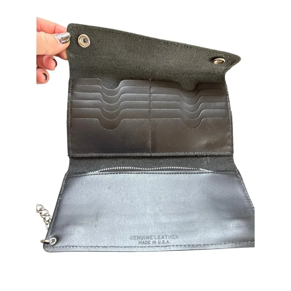Men's Tri-Fold Leather Chain Wallet Large in Black